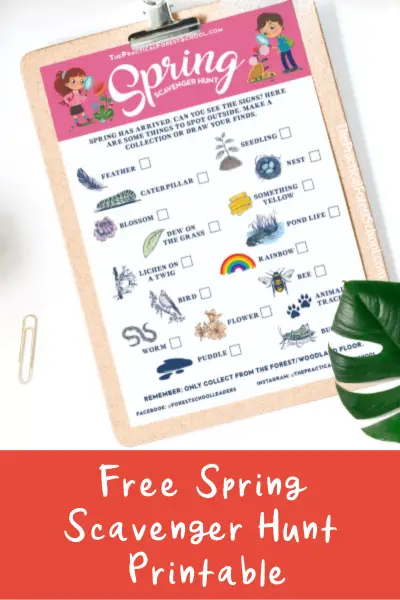 Spring scavenger hunt printable on clipboard