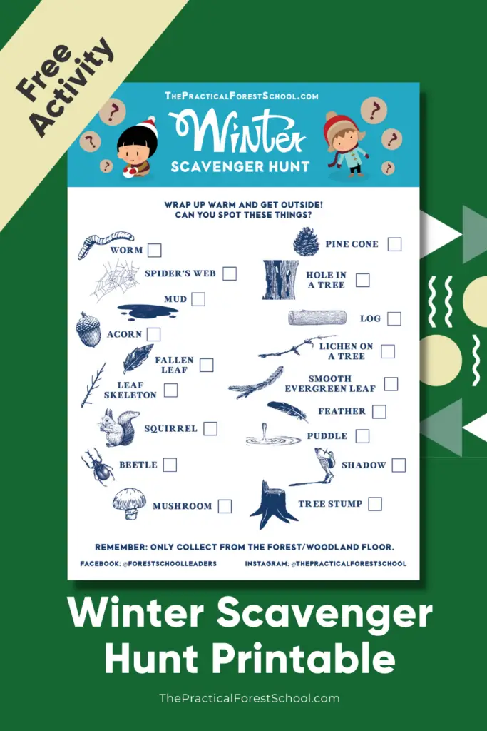 Winter scavenger hunt printable on green background