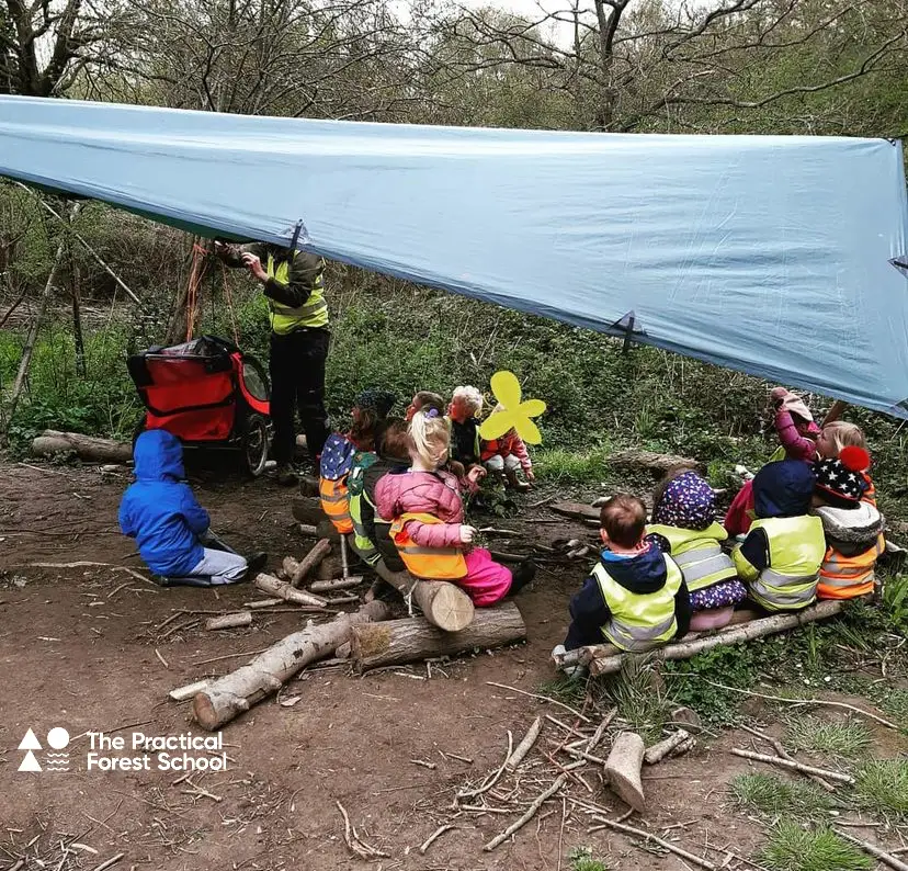 Children under a tarp on a forest school walk